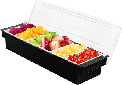 Fruit Veggie Condiment Caddy with Lid, 3 Compartment Plastic Dispenser Tray for Catering Dips Toppings, Serving Taco, Ice Cream, Fruit, & Salad Bar Garnish Organizer for Restaurant Supplies