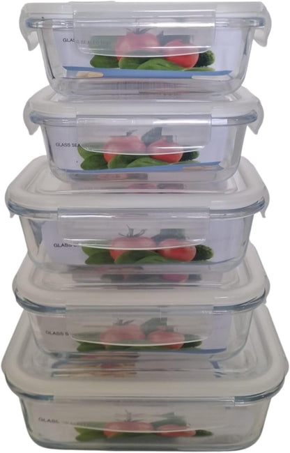 Rectangular Glass Food Storage Containers with Airtight Lids, 5-Piece Set – 34oz, 22oz, 13oz Meal Prep & Leftover Containers, Oven Microwave Freezer Dishwasher Safe
