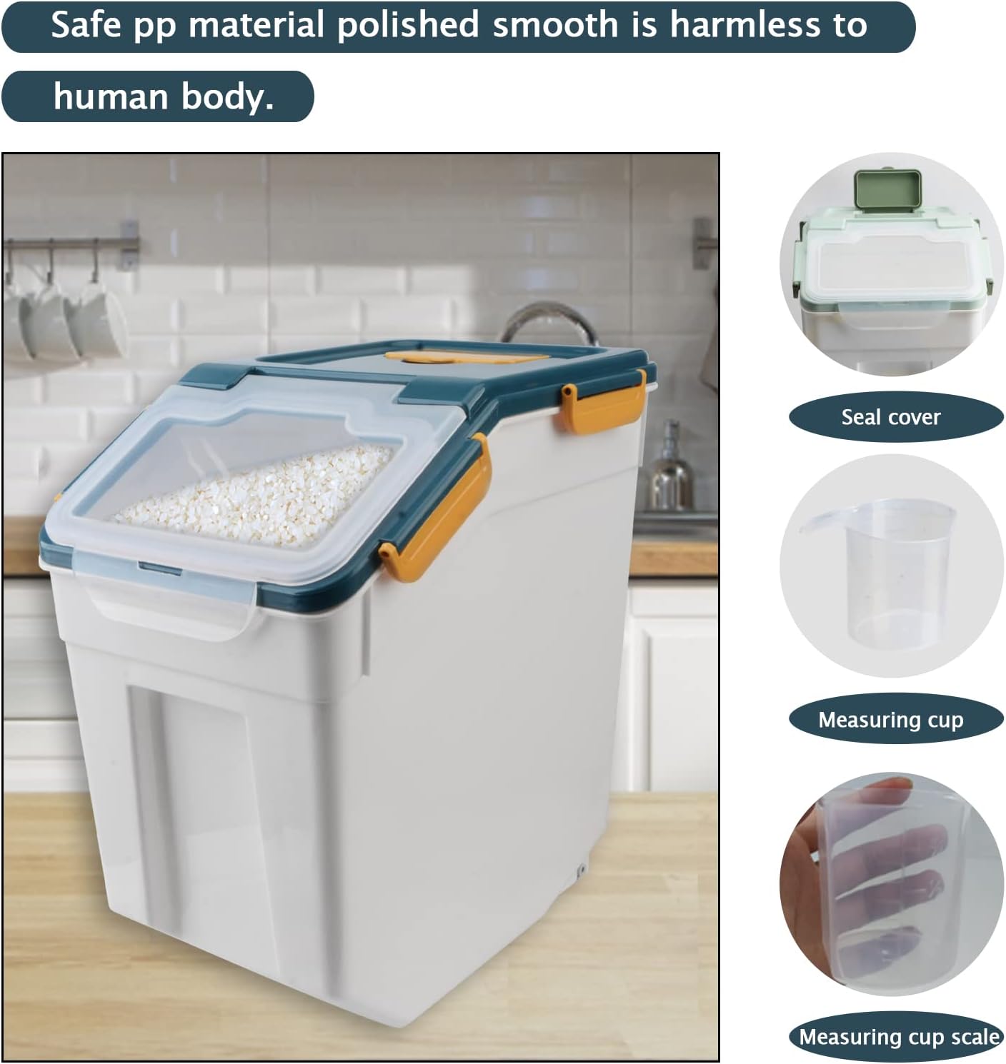 Large Flour Storage Container Bin 25lb, 2Pack Airtight Rice Storage Containers with Measuring Cup&Scoop, BPA Free with Wheels Seal Locking Lid for Flour, Rice, Grain (50LBS Total, Blue)