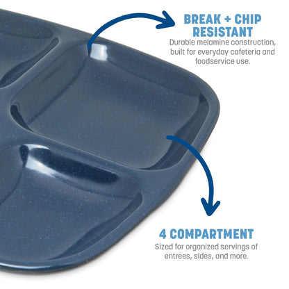 Carlisle FoodService Products Melamine Lunch Tray with 4 Compartments, Right Handed Cafeteria Tray with Divided Compartments for Food, 10" x 9.75", Dark Blue