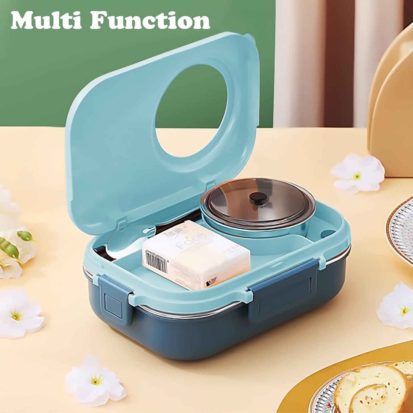3 Compartments Bento Lunch box with Soup Bowl, Insulated Lunch Bag and Portable Utensils, Stainless Steel Camera Lunch Containers，Leak Proof Bento Box for Kids Adults Men Women…
