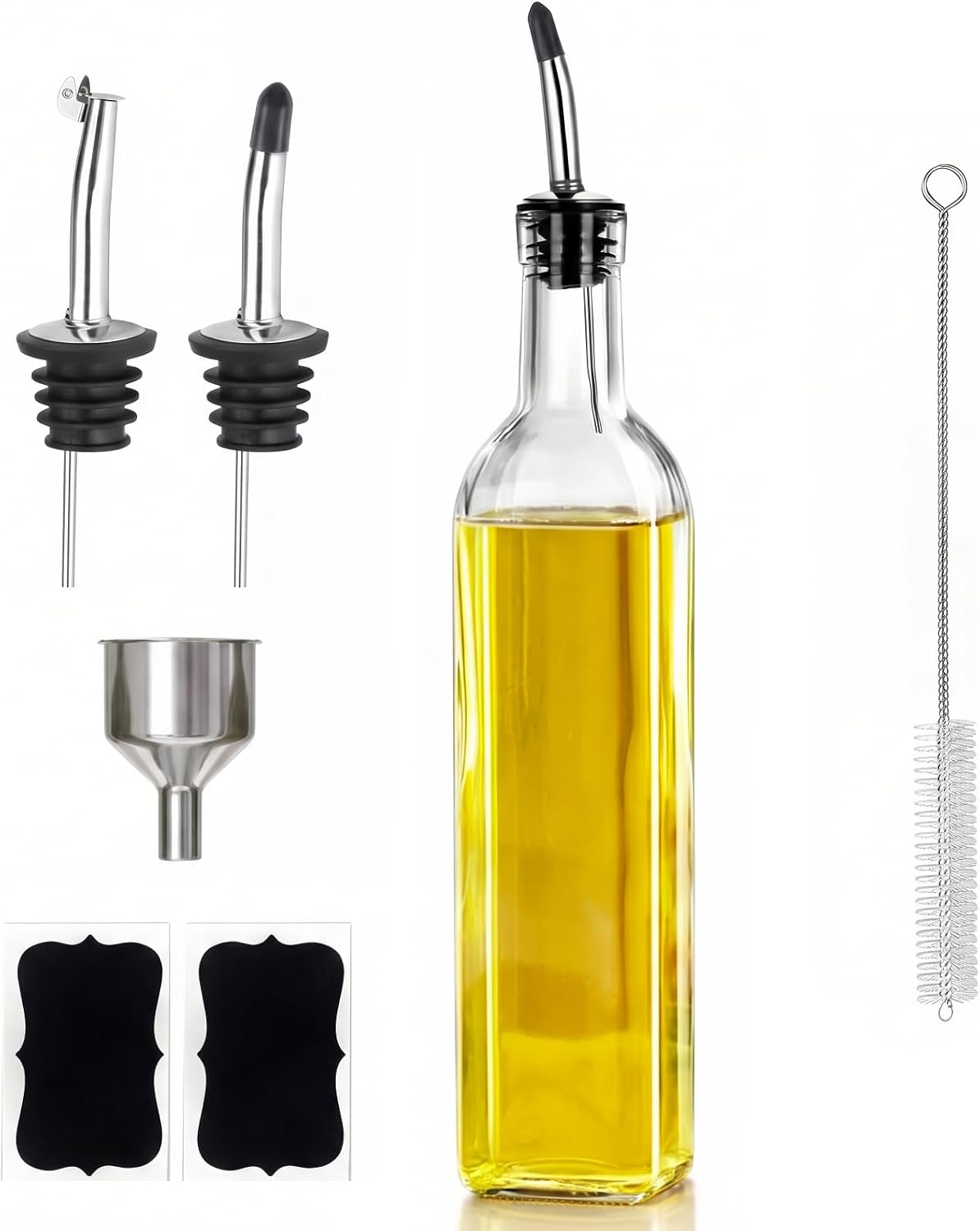 Green Olive Oil Dispenser Bottle - 17oz/500ml Glass Oil and Vinegar Bottles Set for Kitchen, Oil Dispenser with 2 Stainless Steel Pourers, Funnel and Brush