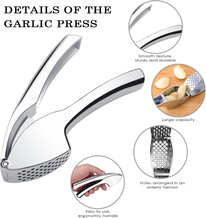 Heavy Duty Garlic Press, Zinc Alloy Garlic Crusher & Mincer, Stainless Steel Dishwasher Safe Easy Squeeze Garlic Twister Mincer with Peeler & Cleaning Brush, Kitchen Gadgets for Garlic, Ginger, Spices