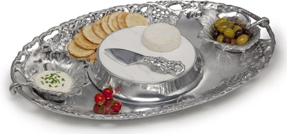 Arthur Court Designs Aluminum Grape 5-Piece Entertainment Cheese Chip and Dip Tray - Two Bowls, Spreader, Marble, Tray 20 inch x 13 inch