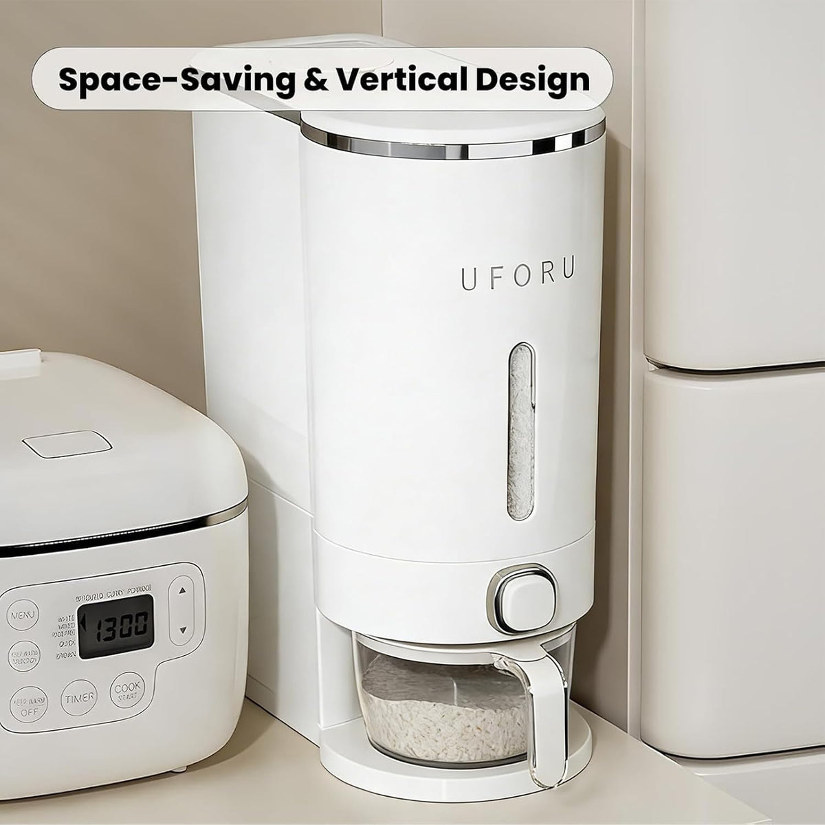 UFORU Rice Dispenser, Rice Storage Container with Measuring Cup for Kitchen Pantry Household, Dry Food Storage Containers Airtight, Sealed Moisture Proof (White 13Lbs)