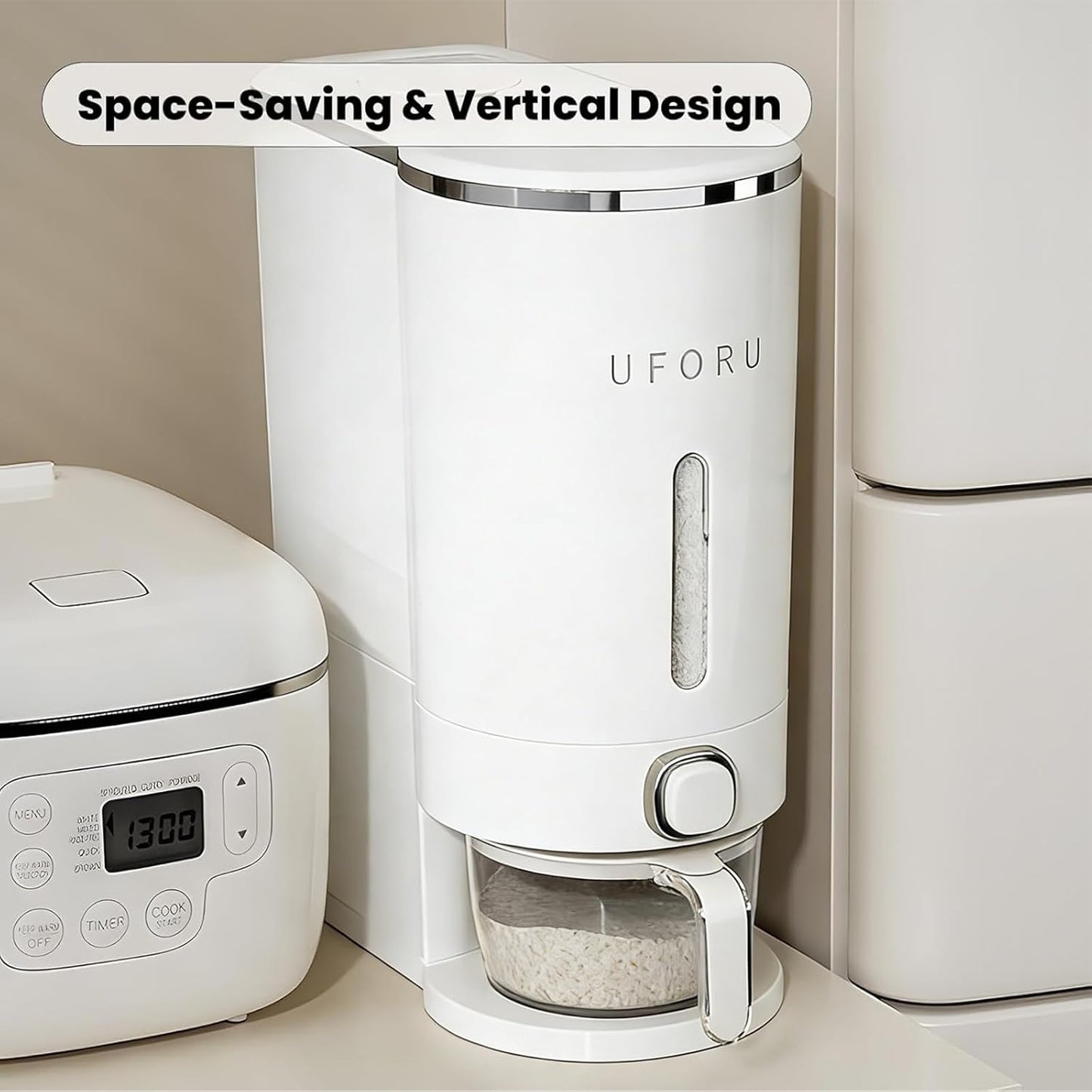 UFORU Rice Dispenser, Rice Storage Container with Measuring Cup for Kitchen Pantry Household, Dry Food Storage Containers Airtight, Sealed Moisture Proof (White 11Lbs)