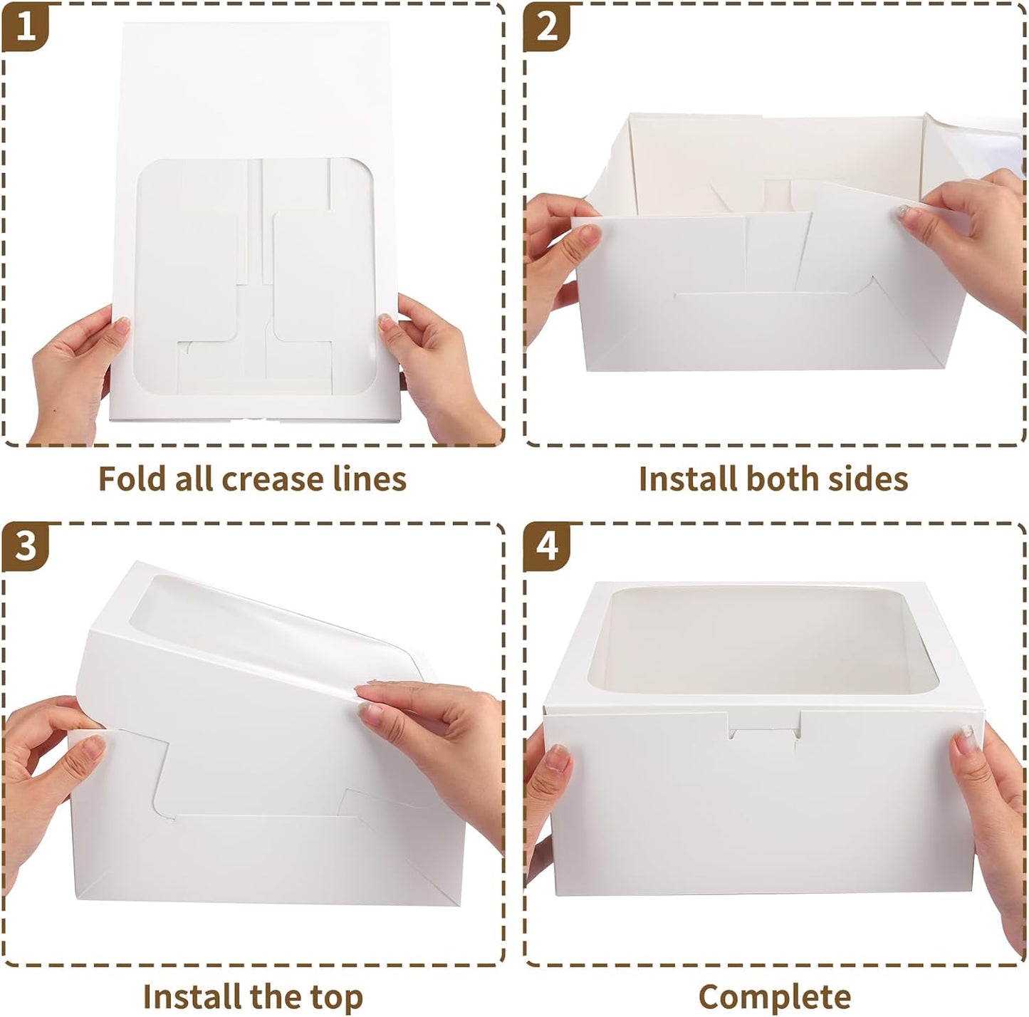 Moretoes 4 Pack Cake Boxes with Window, 10x10x5 Inches White Bakery Containers, 10 Inch White Cake Carrier, Disposable Bakery Boxes for Valentine's Day Mother's Day Cake Cupcake Cookie Pie Pastry