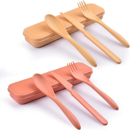 2 Sets Reusable Utensil Set with Case, Portable Camping Fork Knife Spoon Set, Wheat Straw Travel Utensils for Lunch Box, for School Work Lunch or Daily Use (Green, Blue)