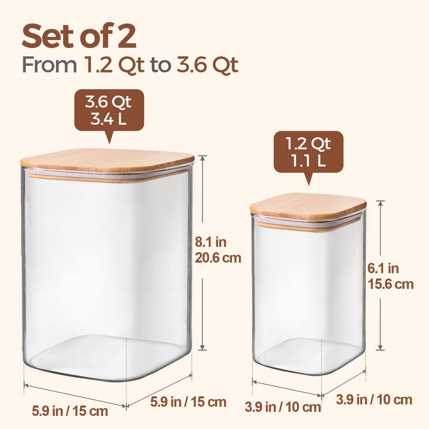 ComSaf Glass Storage Jars with Bamboo Lids 4.6 Qt 2 Pack Large Wide Mouth | Pantry organization, Flour Sugar Coffee Beans, Pasta Cereal Dry Food, 1.2 Gallon, Cabinet Organization, Dry Food Storage