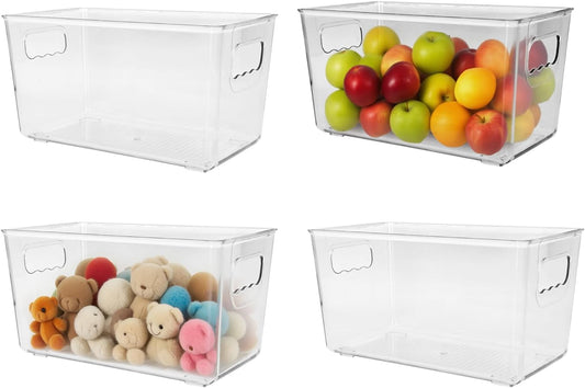 6 Pack Clear Plastic Storage Bins with Handles, Stackable Pantry Fridge Cabinet Under Sink Organizers and Storage, Multi-use Large Home Kitchen Bathroom Organization for Shelf Closet Drawer