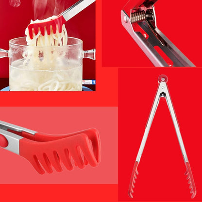 Large 16" Red Stainless Steel Pasta Tong with Silicone Tips, 16 inch Spaghetti Tongs Pasta Server Utensil for Noodles Cooking Baking Food BBQ Kitchen Tools