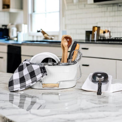 CLEENTABLE Farmhouse Galvanized Metal Utensil Caddy – 4-Compartment Silverware Organizer with Removable Handle for Countertop, Picnic & Party Use (10"x6.5"x5.5", Grey)