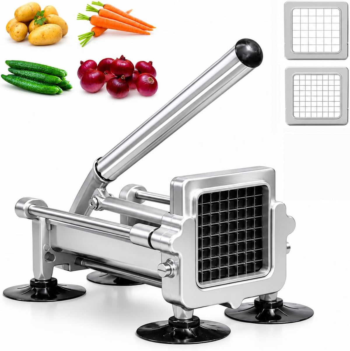 Commercial French Fry Cutter, Heavy Duty Potato Slicer with 3/8 and 1/4Inch Blade, Stainless Steel Potato ChopperFrench Fries Cutter with Suction Feet,
