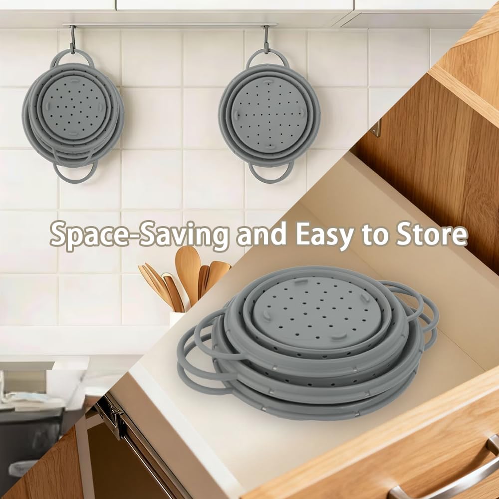 CEYAZYE Collapsible Colander Set of 3, Silicone Space-Saving Foldable Kitchen Pasta Strainer, Heat-Resistant Fast Draining Basket with Non-Slip Base and Handles, Food Strainer for Fruit, Vegetables