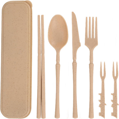 Reusable Travel Utensils Set with Case, Wheat Straw Portable Plastic Fork Spoon Knife Chopsticks Camping Cutlery, Eco-Friendly BPA Free Tableware Picnic Flatware for Kids Adults or Daily Use (Pink)