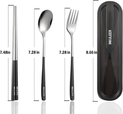 iNKULEER Travel cutlery set, 18/8 stainless steel cutlery, Reusable utensils set with case, Portable Silverware Lunch Box for Camping and Office (Pink)