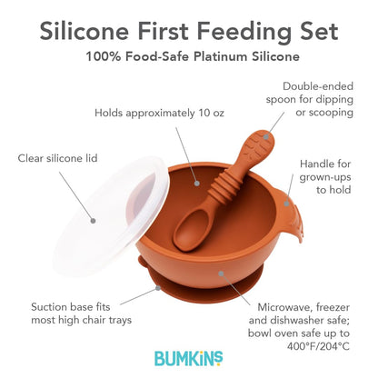 Bumkins Baby Bowl, Silicone Feeding Set with Suction for Baby and Toddler, Includes Spoon and Lid, First Feeding Set, Training Essentials for Baby Led Weaning for Babies 4 Months Up, Sage