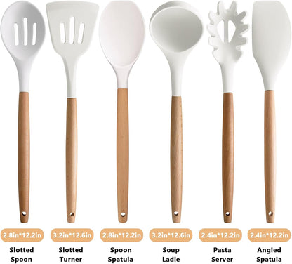 Kitchen Cooking Utensils Set, 6Pcs Silicone Kitchen Utensils Set Spatula Spoon Soup Ladle Turner, Heat Resistant Wooden Handle Silicone Cooking Gadgets for Nonstick Cookware & Baking BPA FREE