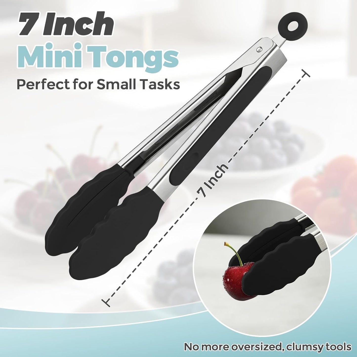 Kitchen Tongs, Stainless Steel Cooking Tongs with Silicone Tips, 600ºF High Heat-Resistant Non Scratch Locking Tongs for Cooking BBQ Grilling Air Fryer Pans, Set of 3 (7" 9" and 12") Black