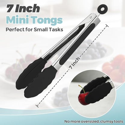 Kitchen Tongs, Stainless Steel Cooking Tongs with Silicone Tips, 600ºF High Heat-Resistant Non Scratch Locking Tongs for Cooking BBQ Grilling Air Fryer Pans, Set of 3 (7" 9" and 12") Black
