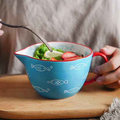 Gaolinci Cherry Blossom Pattern Kitchen Ceramic Mixing Bowl, 1 Quart Large Bowl, with Pouring Spout and Handle