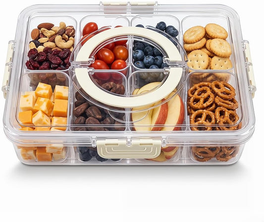 8 Compartments Divided Snackle Box Container with Lid & Handle,Portable Clear Serving Tray Platter for Fruit,Candy,Veggies,Snacks for Picnic,Travel,Beach,Entertaining