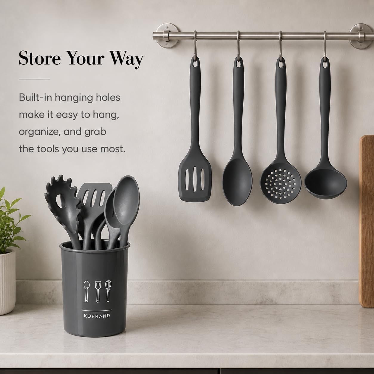 Silicone Cooking Utensil Set with Holder & Spoon Rest, -22°F to 446°F Heat Resistant Kitchen Utensils Set, Nonstick Cookware Safe Spatula Set, Spoon, Ladle, Tongs, Whisk, Pasta Server, Gray