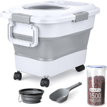 Dog Food Storage Container，10-25 lbs Airtight Collapsible Cat Food Storage Container with Attachable Wheels, Portable Handle, Dog Food Scoop for Dog Cat Bird Pet Dry Food Storage Bin Light Grey