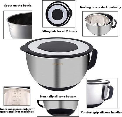 HAPPY KIT 304 Mixing Bowls with Lids Set of 2,Stainless Steel Mixing Bowl with Pour Spout, Non-slip Handle and Bottoms, 3 Grater Attachments, Measurement Marks & Lid, Size 5QT, 3QT(Red)