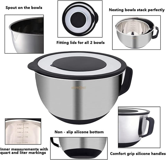 HAPPY KIT 304 Mixing Bowls with Lids Set of 2,Stainless Steel Mixing Bowl with Pour Spout, Non-slip Handle and Bottoms, 3 Grater Attachments, Measurement Marks & Lid, Size 5QT, 3QT(Red)