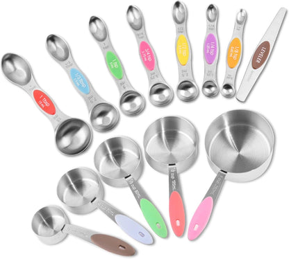 EDELIN Measuring Cups and Magnetic Measuring Spoons Set, Stainless Steel 5 Cups and 7 Spoons (Black)