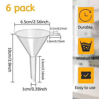 6 Pack Small Plastic Funnel for Filling Bottles,2.56 Inch Clear Wide Mouth Plastic Funnel for Filling Water Powder Essential Oils, Perfume,Kitchen Bath Garage Use (Wide Mouth)