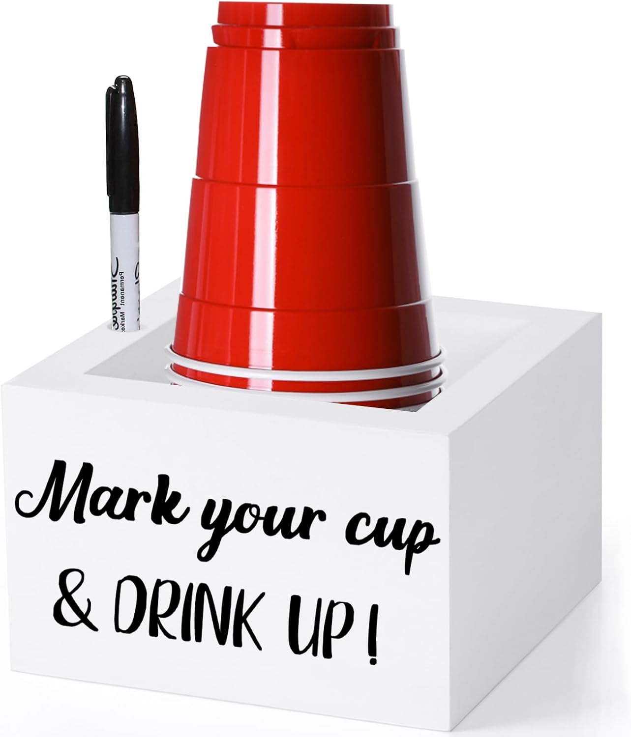 Wooden Cup Holder with Marker Slot, Disposable Plastic Party Cup Organizer for Holiday Gatherings - Hosting Essential to Mark Your Cup & Drink Up, Prevent Mix-Ups, Reduce Waste