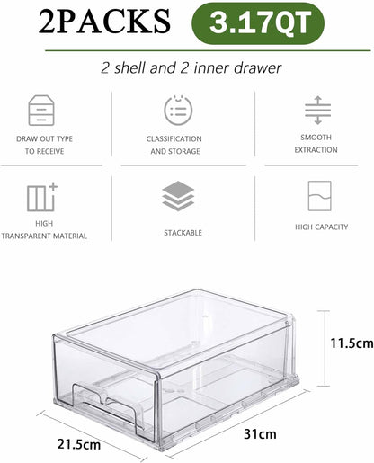 bealy 2 Pack Refrigerator Organizers and Storage, Stackable Clear Pull out Drawer Organizer Bins, BPA-Free Fridge Organizer and Storage for Fruit, Produce, Drink, Snack and Food Storage Containers
