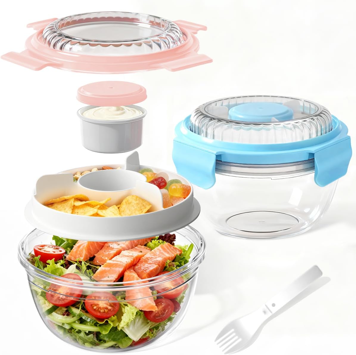 WHALEHOUSE Clear Eco-friendly SK chemicals ECOZEN Salad Container, 33OZ Portable Plastic Salad Bowls with Lid & Snack Tray, Leak-Proof Dressing Container, Reusable Fork, Lunch Box for Meal Prep (Pink)