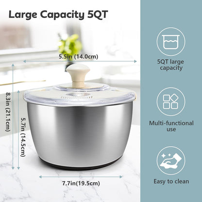 Salad Spinner Stainless Steel，Manual lettuce dryer With lid, basin, drain frame and non-slip base,lettuce spinner with Quick Spin,Spaghetti & Chip Strainer BPA Free,Easy Clean,5qt