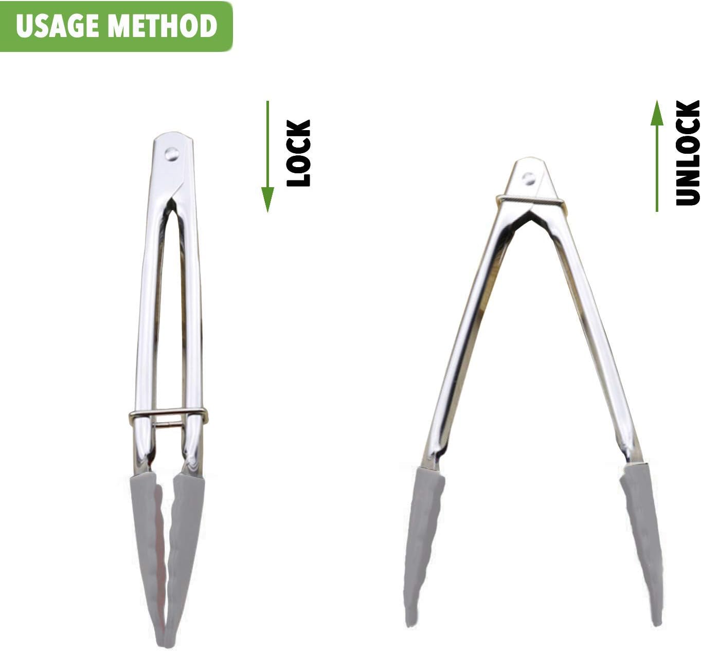 HINMAY Mini Stainless Steel Food Tongs with Silding Rings 7-Inch, Set of 6 | Small Clam Shell Service Tongs for Serving Appetizers, Desserts, Salads, Barbecue and Cooking (Silver)