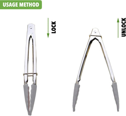 HINMAY Mini Stainless Steel Food Tongs with Silding Rings 7-Inch, Set of 6 | Small Clam Shell Service Tongs for Serving Appetizers, Desserts, Salads, Barbecue and Cooking (Silver)