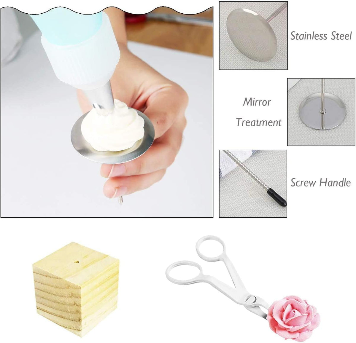 7 Pcs Cake Flower Nail Lifters Set, Stainless Steel Icing Flowers Decorating Tools Kit with 4 Nails, 2 Lifters & 1 Wooden Stand, Baking Supplies for Cupcake Cake Decoration