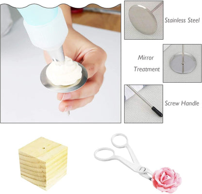 7 Pcs Cake Flower Nail Lifters Set, Stainless Steel Icing Flowers Decorating Tools Kit with 4 Nails, 2 Lifters & 1 Wooden Stand, Baking Supplies for Cupcake Cake Decoration