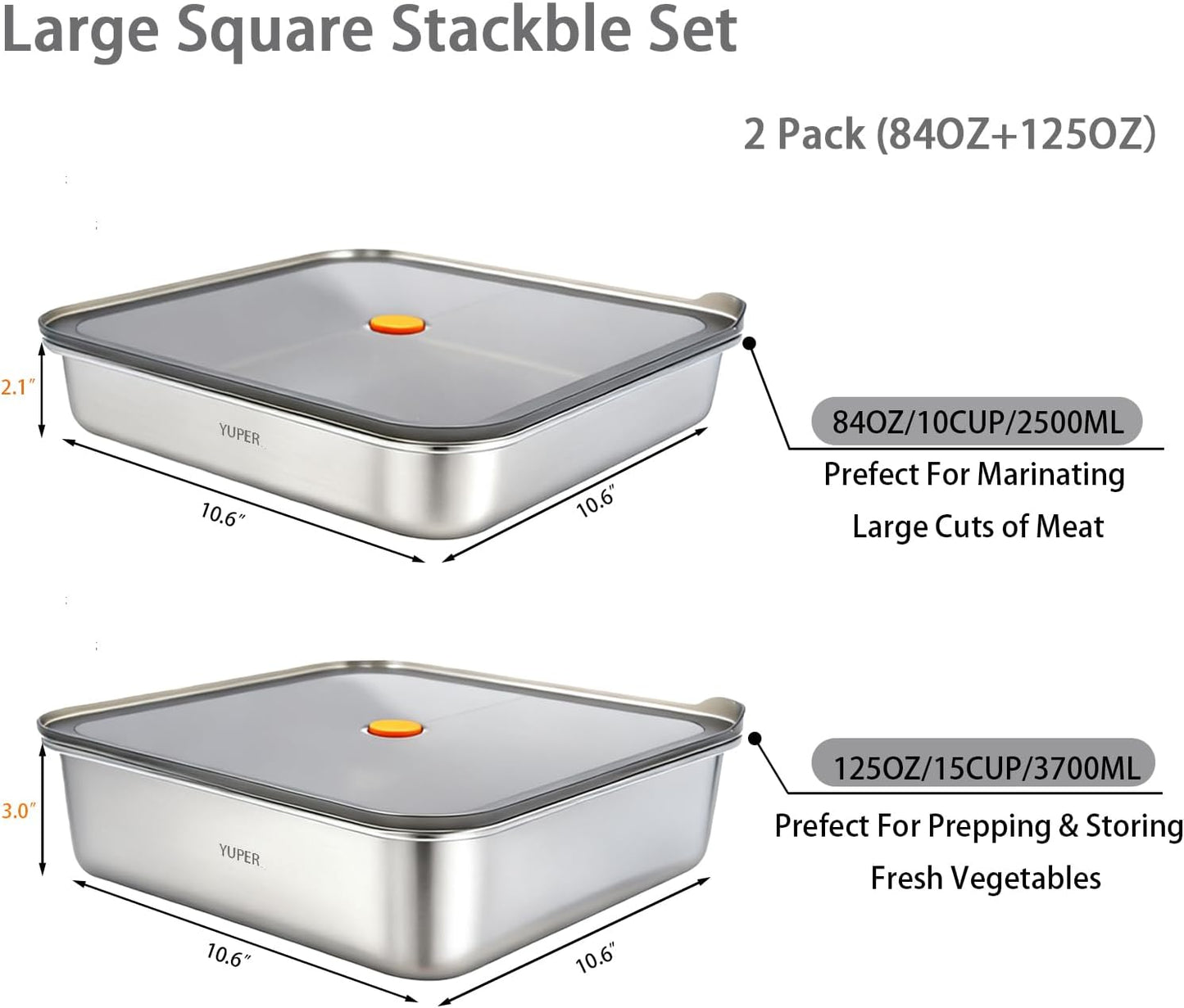 YUPER Stainless Steel Food Storage Containers, Large Meal Prep Container Sets with Lids, BPA Free, Leak Proof & Airtight, Microwave, Dishwasher, Fridge, Freezer & Oven Safe, 3 Pack (84+125+162OZ)