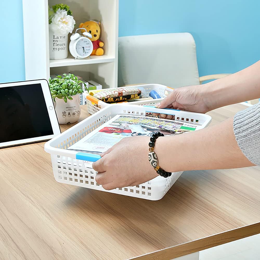 Lawei 8 Pack Large Plastic Storage Basket with Handle - 15 x 10 x 3 Inch Pantry Organizer Basket Bins Desktop Paper Storage Basket for Organization, Countertops, Cabinets, Bedrooms, Bathrooms