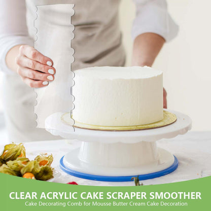 SenseYo Acrylic Cake Scraper 9.5 Inch Large Icing Cream Frosting Smoother Comb Double Sided Patterned Edge Stripe for Cake Decorating Mousse Butter Baking Projects