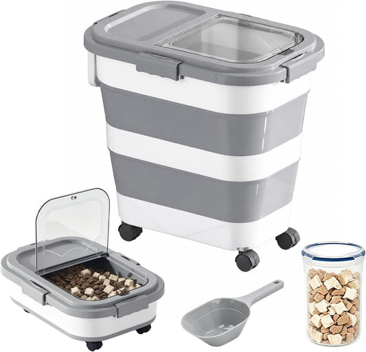 23-25-Liter Foldable Airtight Dog Food Container with Airtight Lid, Wheels, Handle, and Scoop; Large Cat Food Storage Bin; Pet Food Storage Container