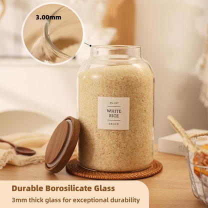 2 Pack Large Glass Flour and Sugar Storage Containers with Airtight Acacia Wood Lids and 132 Kitchen Pantey Labels Preprint - 1 Gallon Borosilicate Glass Canister Sets for Food,Pasta,Cookie,Rice