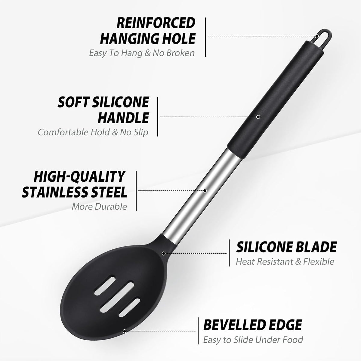 Pack of 2 Large Silicone Cooking Spoons, BPA Free Kitchen Scoops (Black)