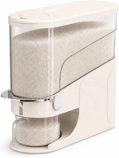Rice Dispenser 11 Lb, Slim Rice Storage Container with Double Sealing Strip, Press to Dispense Cereal Container Airtight for Kitchen Pantry Organization, (Ivory White-11lb)