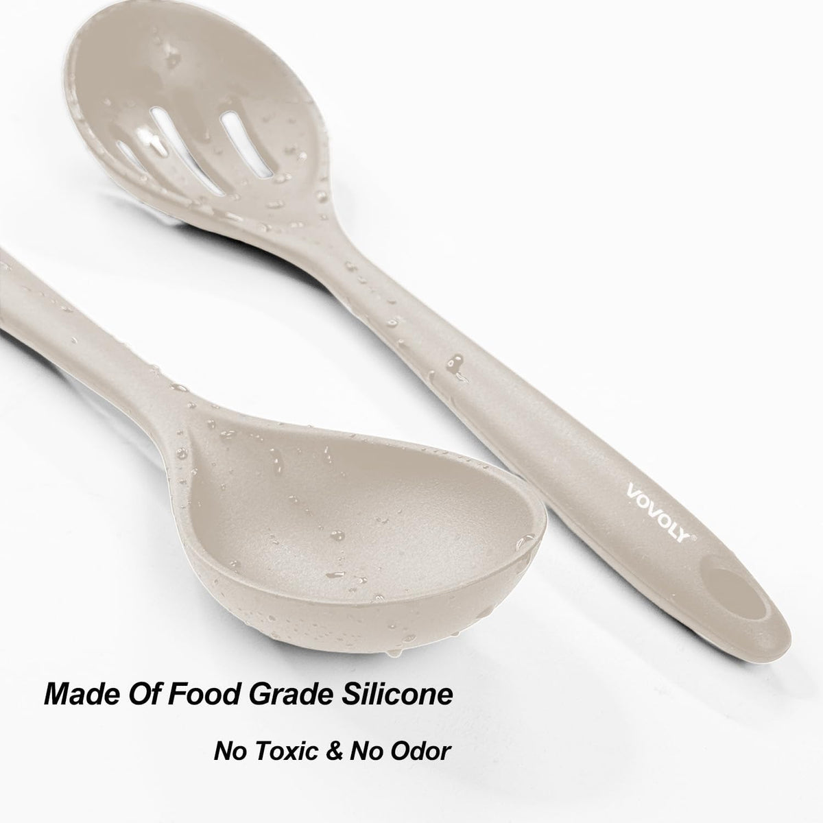 VOVOLY Silicone Spoons for Cooking, Solid & Slotted Spoon Set, Med, Black