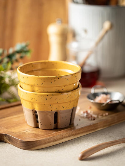 Gomakren Berry Bowls with Holes Ceramic, Berry Washing Bowl Basket Set of 2, 5.8 Inch Round Fruit Bowl Storage Containers, Strawberry Baskets, Farmhouse Kitchen Decor, Yellow + Brown