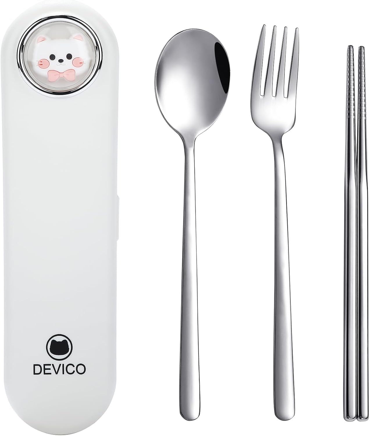 DEVICO Travel Utensils with Case Cute, Reusable Silverware for Lunch, 4Pcs Portable Cutlery Set, 18/8 Stainless Steel Fork Spoon Chopsticks in Cartoon Case, Dishwasher Safe (Light Yellow)